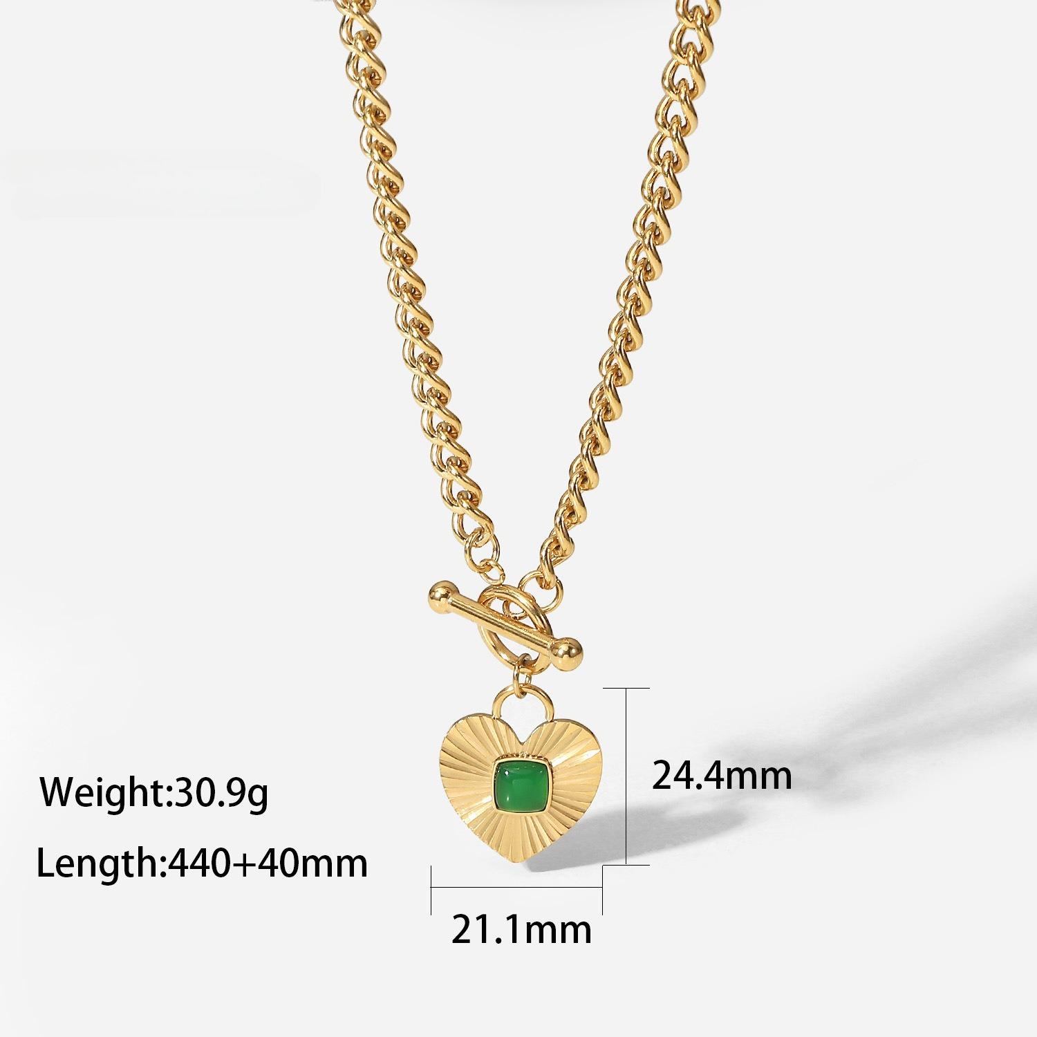 Dainty Heart Pendant Necklaces Trend Green Onyx Necklace Ladies Versatile OT Buckle Cuban Chain Stainless Steel ALN2601000693 44+4cm