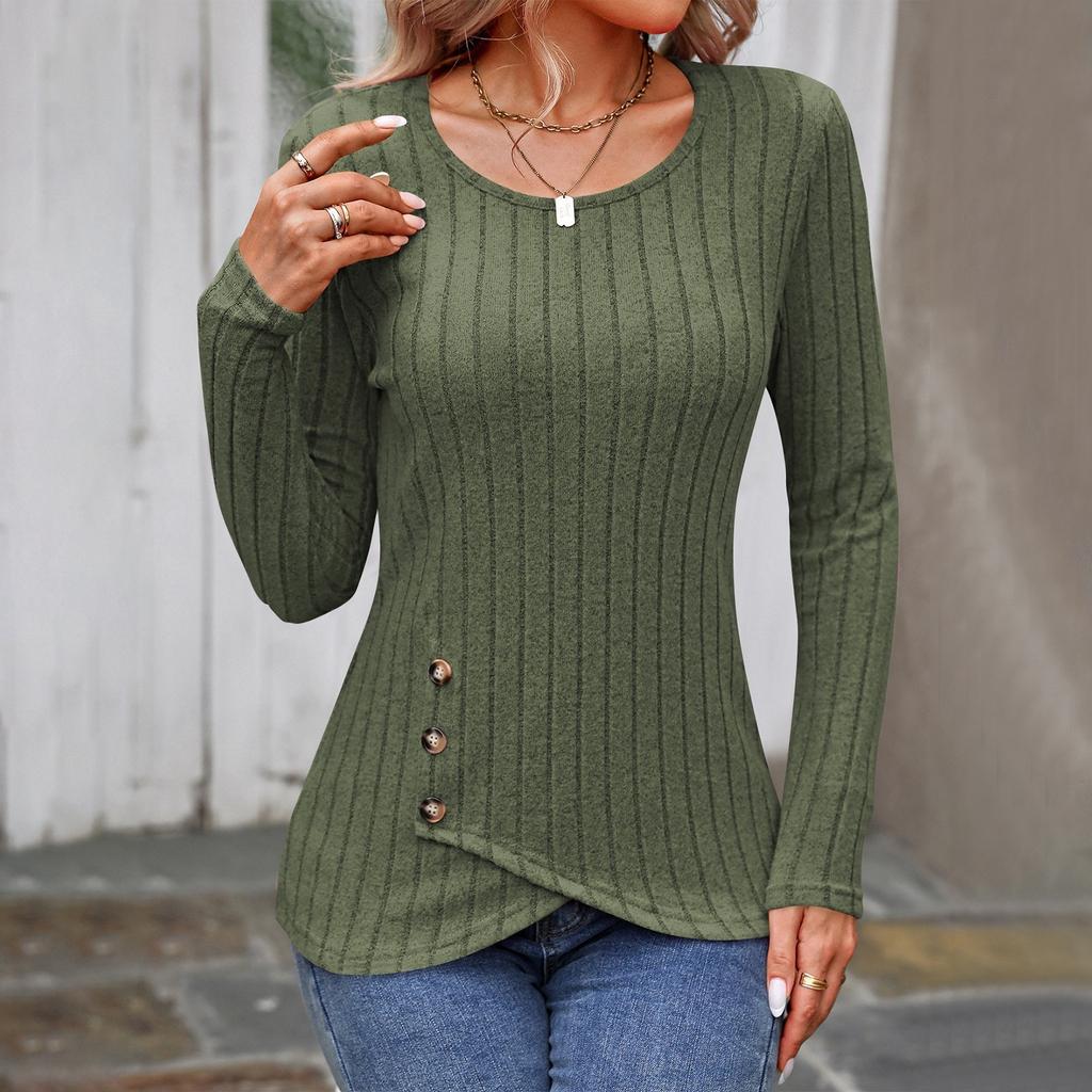 Women's Fashionable Round Neck Long Sleeved Button Temperament Commuting Casual Pullover T-shirt Top