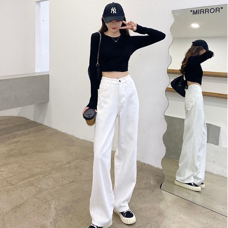 Spring Summer High Waist Loose White Floor Sweeping Wide Leg Denim Pants For Ladies Casual Pants Oversize Denim Trousers