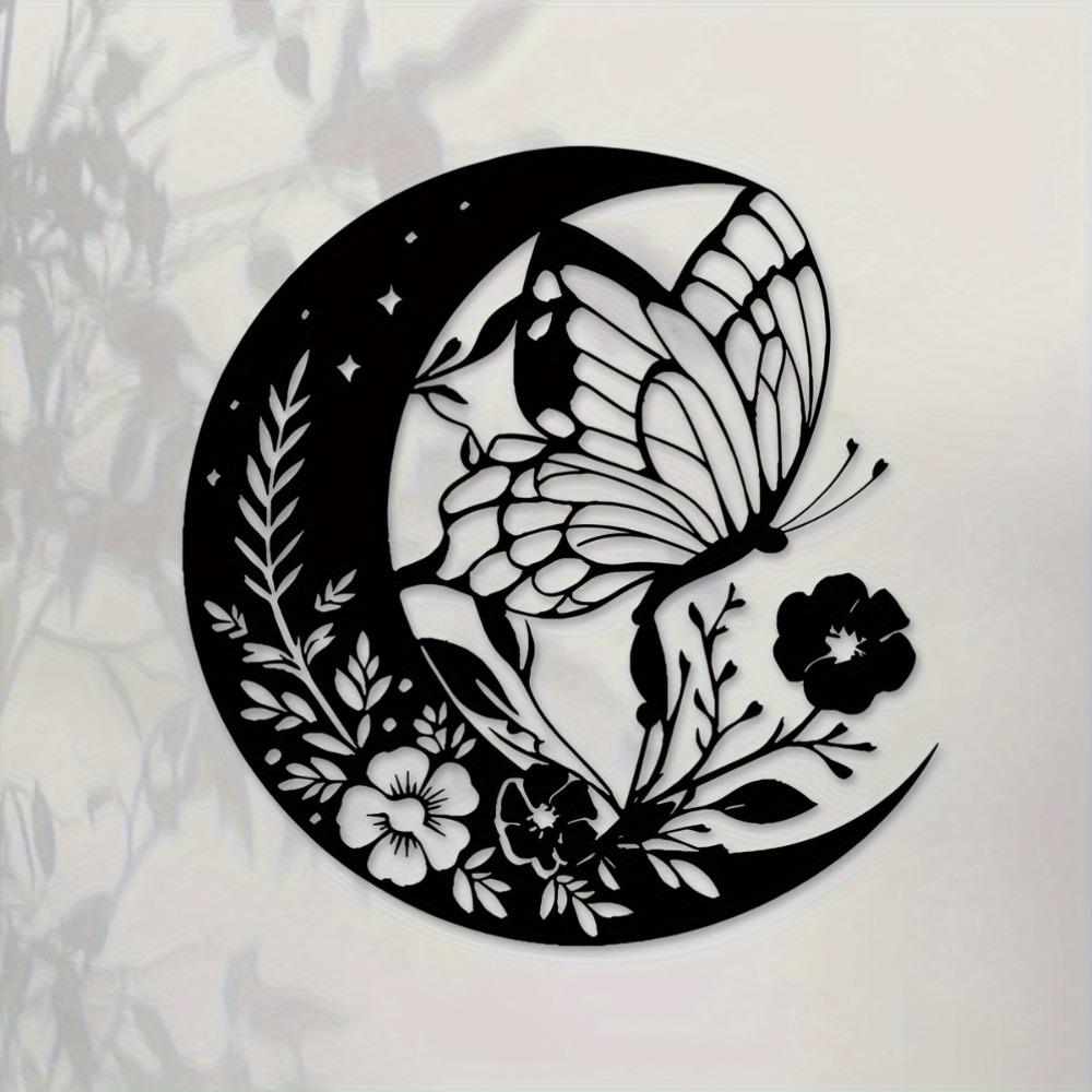 1pc Butterfly Moon Metal Wall Art Black Floral Crescent Sculpture Home Decor 15.75x14.88 Inch Housewarming Wedding Anniversary Christmas Gift