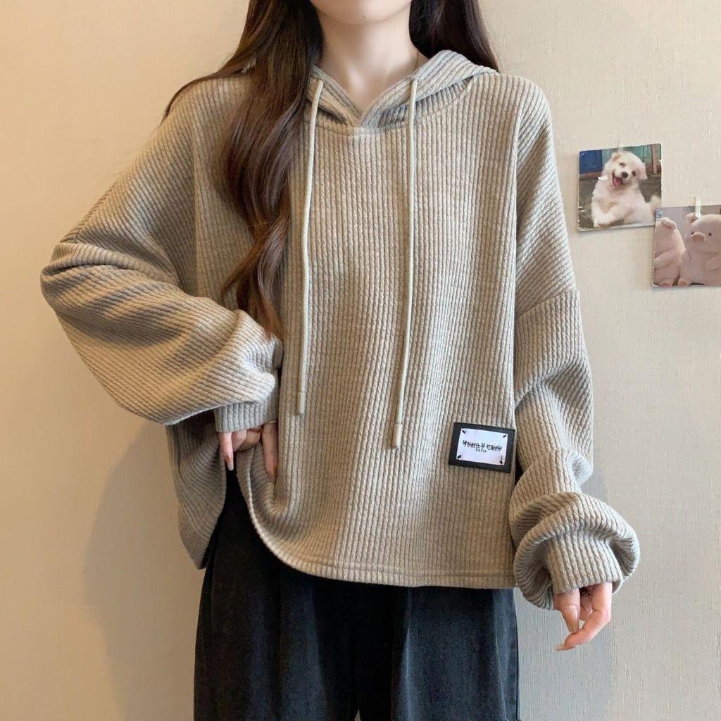 Women's Plus Size Ribbed Hoodie, Long Sleeve, 2025 Autumn/Winter, Korean Style, Loose, Slimming, Versatile, Warm Top