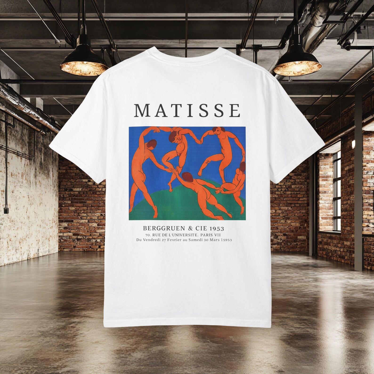 Henri Matisse Dance art T shirt featuring the famous circle of dancers artwork in a museum exhibition poster style on a white unisex shirt. S