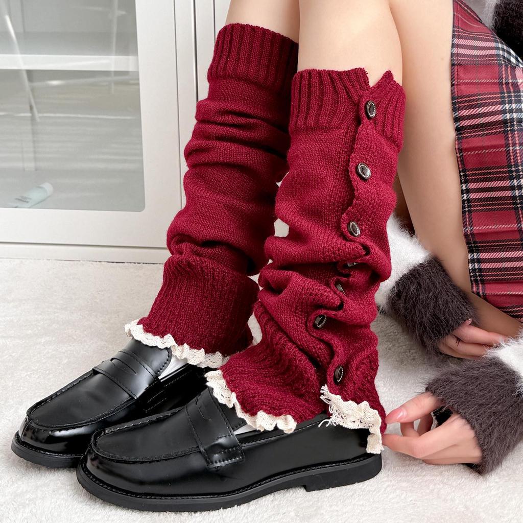 Maillard Rote Spitzensocken für Mädchen - Gemütliche Herbst-/Winter-Strick-Beinwärmer im Y2K-Stil, Perfekt zu Lederschuhen.