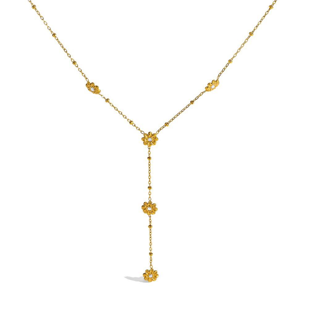 European and American Retro Diamond-encrusted Flower Fringed Pendant Y-chain Plated 18K Gold Stainless Steel Waterproof Necklace Accessories Women
