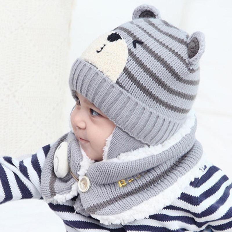 Winter Kids Baby Girls Boys Cartoon Bear Stripe Knit Hat Cap Woolen Yarn Scarf  Hat Keep Warm Set For Outdoor