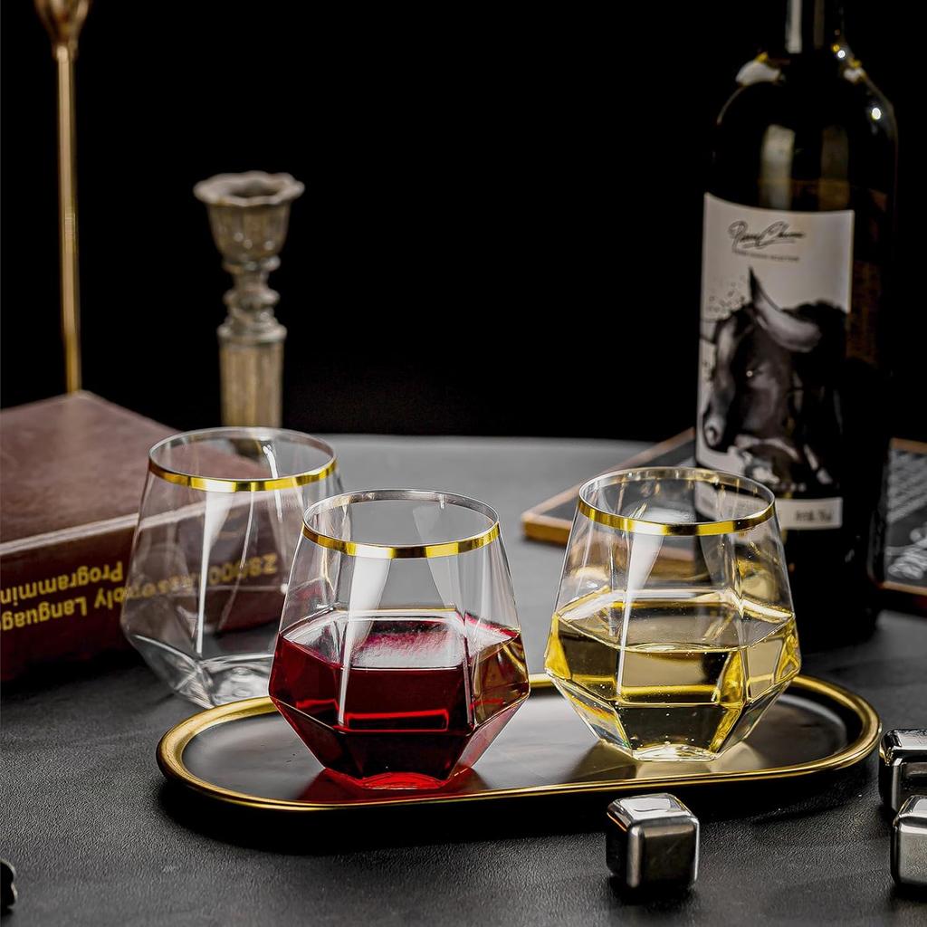 32 Pack Disposable Stemless Wine Glasses, 12 OZ Plastic Wine Cups, Gold Rim Unbreakable Diamond Wine Glasses, Whiskey Cocktail Glasses