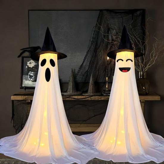 Yousheng Halloween Ghost Decoration Outdoor Standing Ghost with Witch Hat Light Up Spooky White Cloth Ghost for Porch Yard Garden Lawn Decor