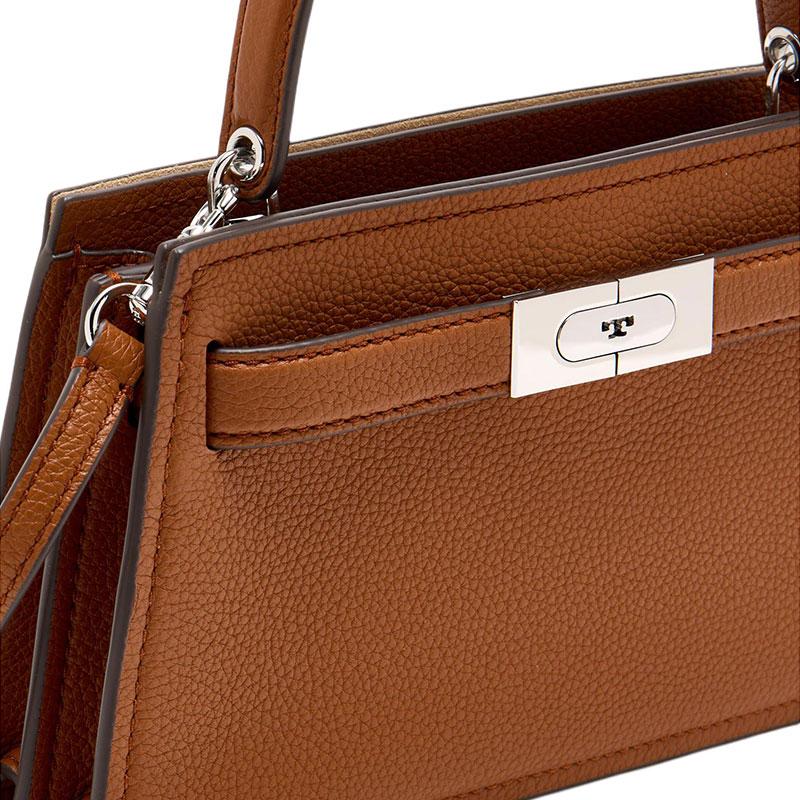 Tory Burch Lee Radziwill Silver Metal Hardware T-Lock Pebbled Leather Shoulder Crossbody Handbag Mini Women's Whiskey 175603-200
