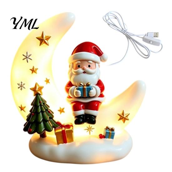 Holiday Party Supplies Christmas Moon Night Light with Santa Claus, Resin Decoration Warm LED Atmosphere Lighting Glow, Tabletop Ornament for