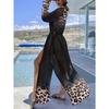 Women'S Chiffon Leopard Print Beach Cover-Up Dress - V-Neck, Long Sleeve, Tie-Waist, Lightweight & Breathable, Casual Beach Dress