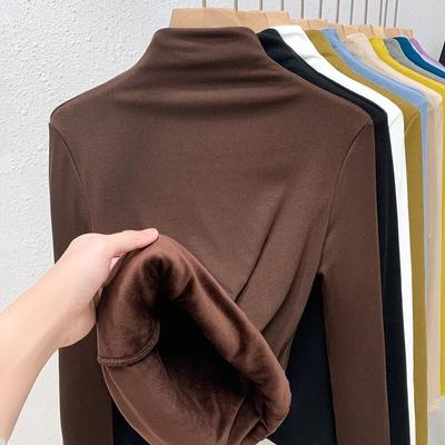 Moda Yarım yüksek Boyun Sıcak Kadife T-shirt Kadın Üstleri Kış Ince Uzun Kollu Kadın T Gömlek Katı Rahat Ofis Bayan Tees 30274