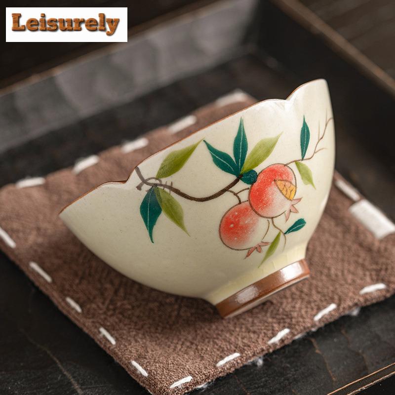2pc/set Cream Ru Kiln Ceramic Teacup Hand-painted Pomegranate Cup Master Single Mug Taste Tea Bowl Chazhan Kung Fu Teaset 50ml