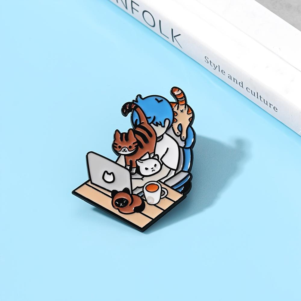 Cute Cat Elements Metal Badge - Everyday Style Enamel Buttons In Front of the Computer - Colorful Alloy Brooch for Clothing, Backpacks and Jeans