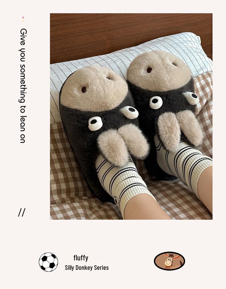Bavlněné plyšové protiskluzové zimní pantofle s motivem osla pro ženy a muže - Roztomilé, teplé, domácí obuv.