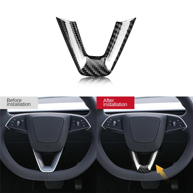 A03E-Car Steering Wheel Cover Trim Sticker Carbon Fiber For Tesla Model 3 Highland 2024 Model3 Interior Accessories