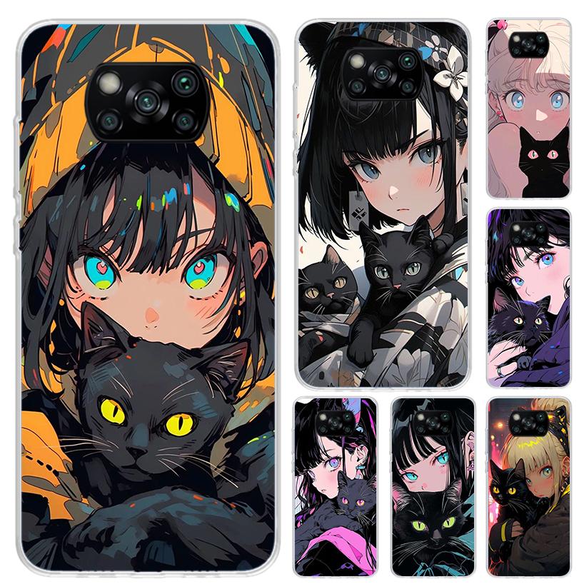 Anime Girls Cute Black Cat Phone Case for Xiaomi Poco X5 X6 X7 Pro F7 Ultra M7 Redmi 15 15C 13 13C 12 12C 10 10A 10C 9 9A 9C 9T