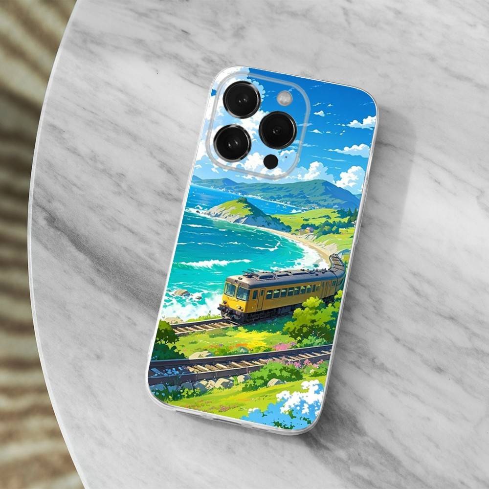 Cartoon Art Classic Train Case For iPhone X,14,16,Mini,XS,SE,12,15,Pro,17,Plus,11,Max,13,XR,Transparent Soft Cover