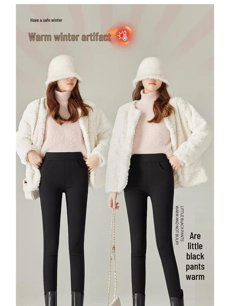 Women's High-Waist Black Wool-Lined Leggings - Warm, Thick, Velvet, Autumn/Winter 2025