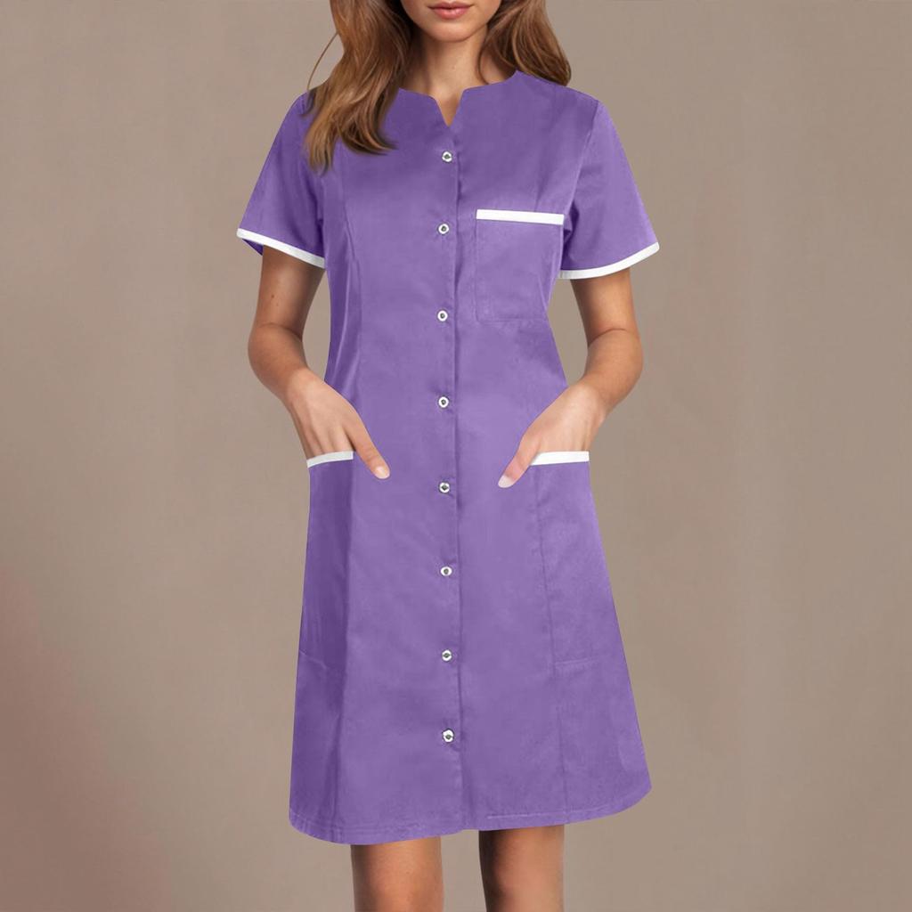 Women's Casual Workwear Solid Color V Neck Short Sleeved Button Pocket Loose Caregiver Dress