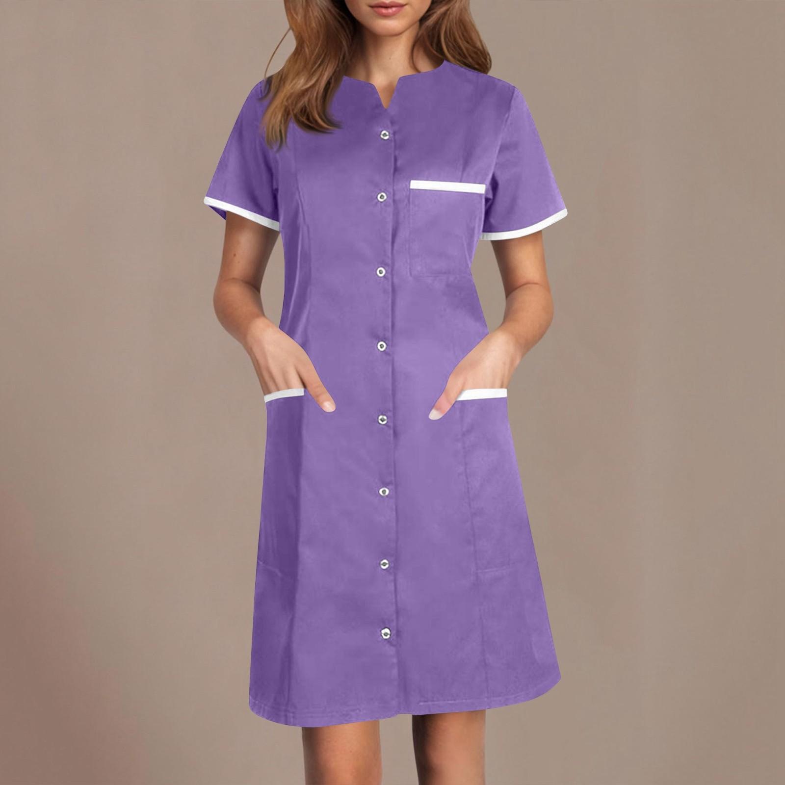 

Жіночий повсякденний робочий одяг однотонний V-подібний виріз короткий рукав ґудзики кишеня вільна сукня для доглядальниці XL фіолетовий