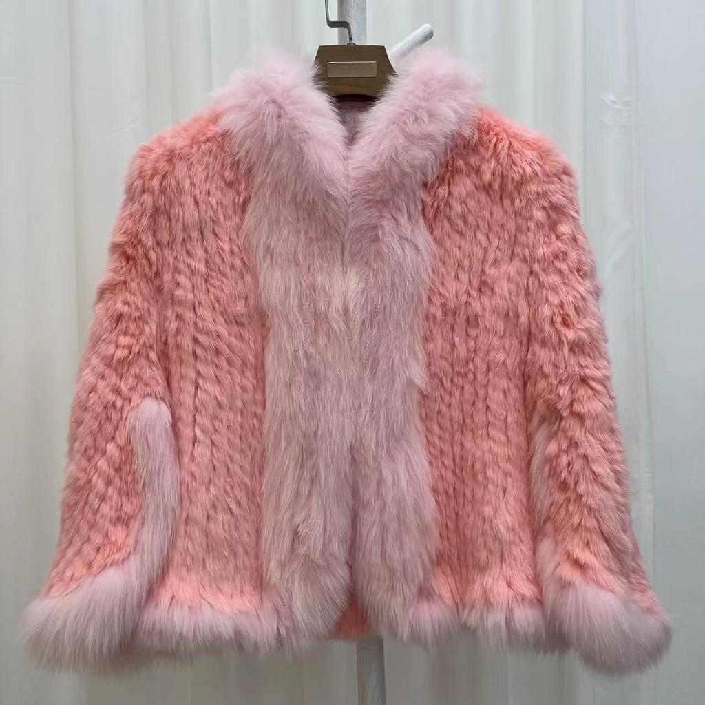Natürlicher Gestrickter Kaninchenfellschal Mantel mit Fuchsfellkragen Damenmode Strickjacke Cape