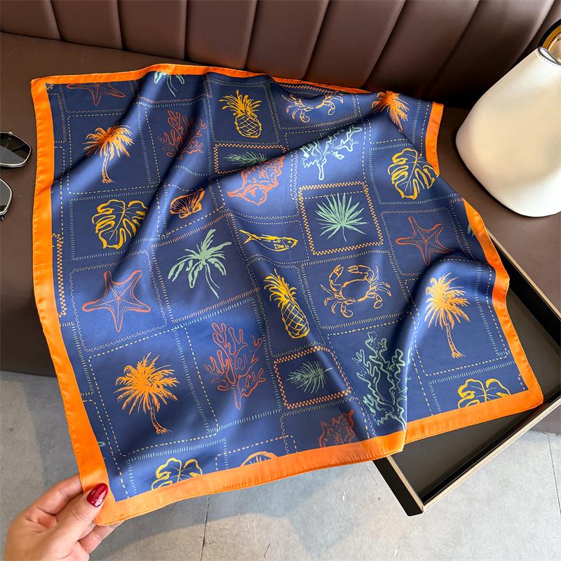 Beach Style Printed Silk Square Scarf - High-End Feel Shawl, Sun Protection Neck Tie, Headscarf, Small Square Scarf