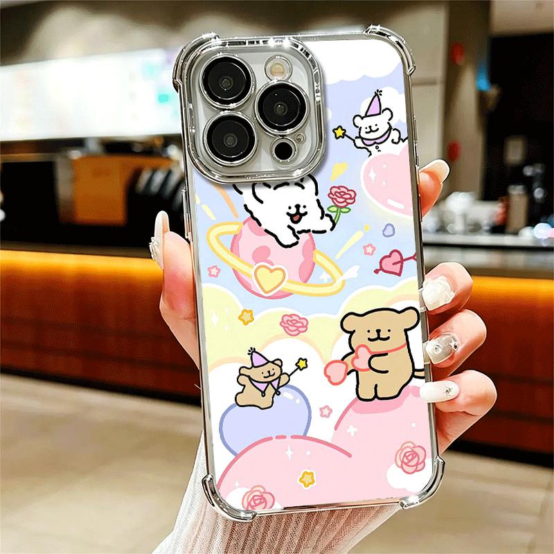 Kawaii Line Puppy Cute Soft Phone Case For iPhone 15 16 17 Air 14 Pro Max 16E Plus 13 12 Mini Plating Anti-Fall Fundas