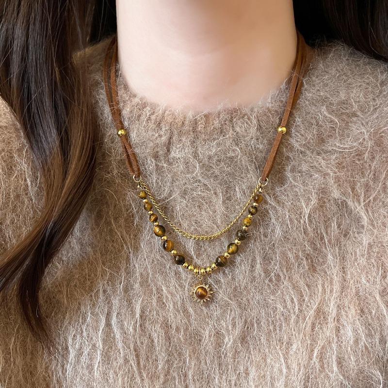 Vintage Light Luxury Maillard Brown Tiger Eye Sunflower Pendant Sweater Necklace For Women