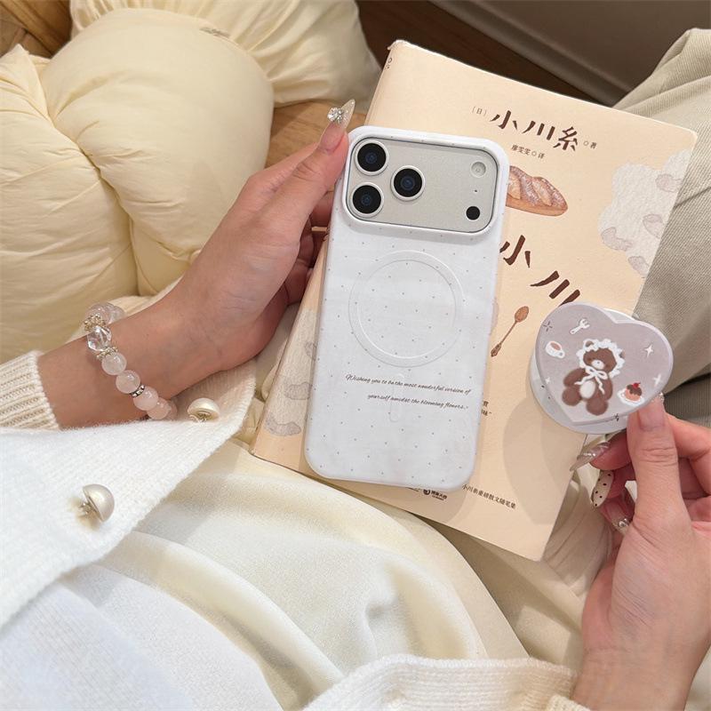 Korean Style Polka Dot Heart Bear Magnetic Stand Phone Case for iPhone 16/15 Pro Max