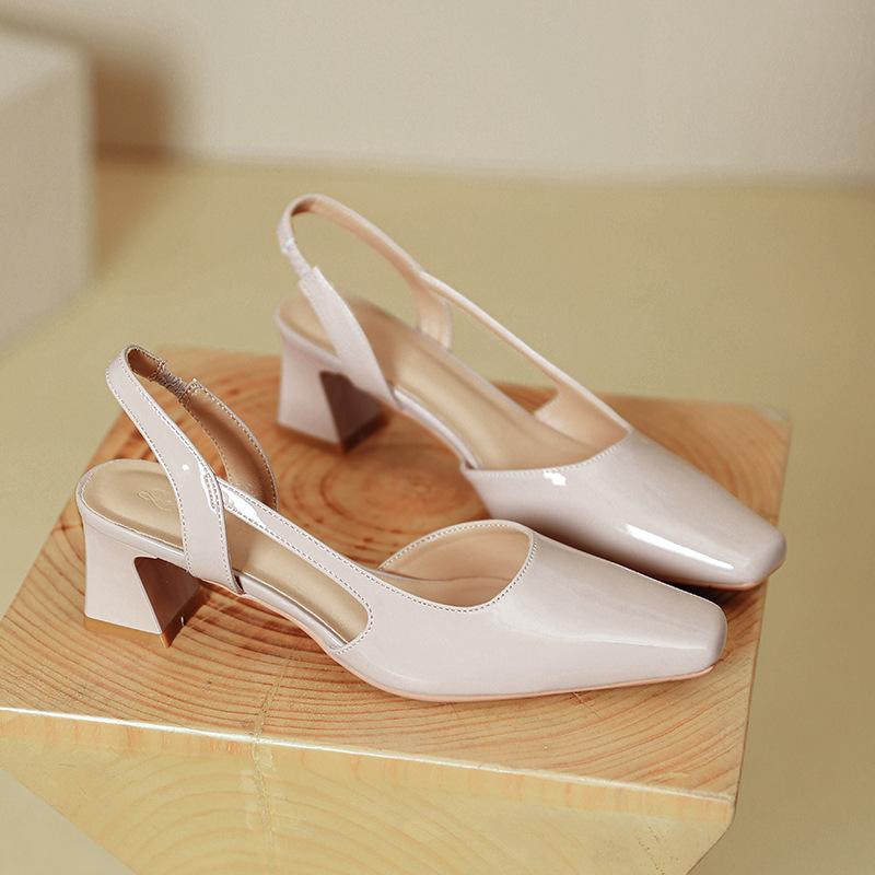 

Fashion square toe japanned leather high heels OL shoes woman slingback pumps elegant ladies cutout party shoes tacones de mujer 2025 34 абрикосовый