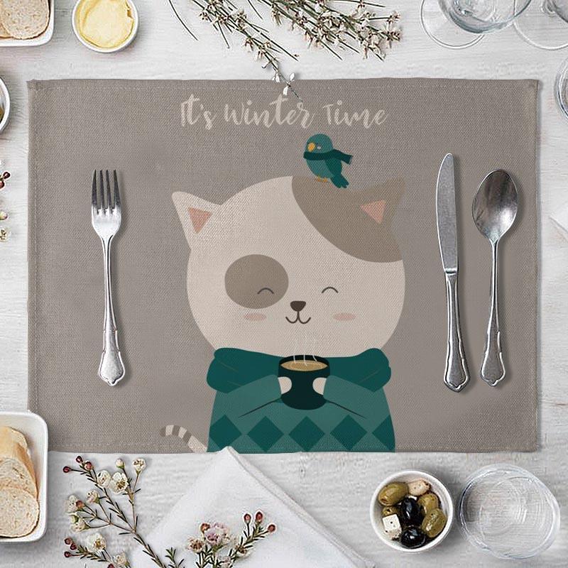 Cotton Linen Fabric Table Mats Children's Cute Animal Style Pattern 01 Placemat Family Dinner Tableware Kitchen Table Mat