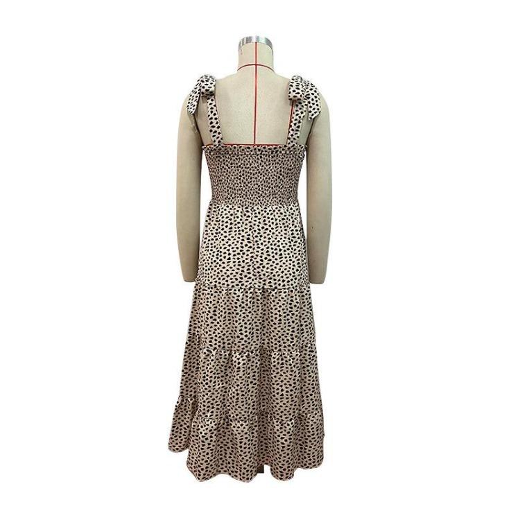 Summer Women Leopard Print Halter Neck High Waist A Line Dress with Ruffled Strap