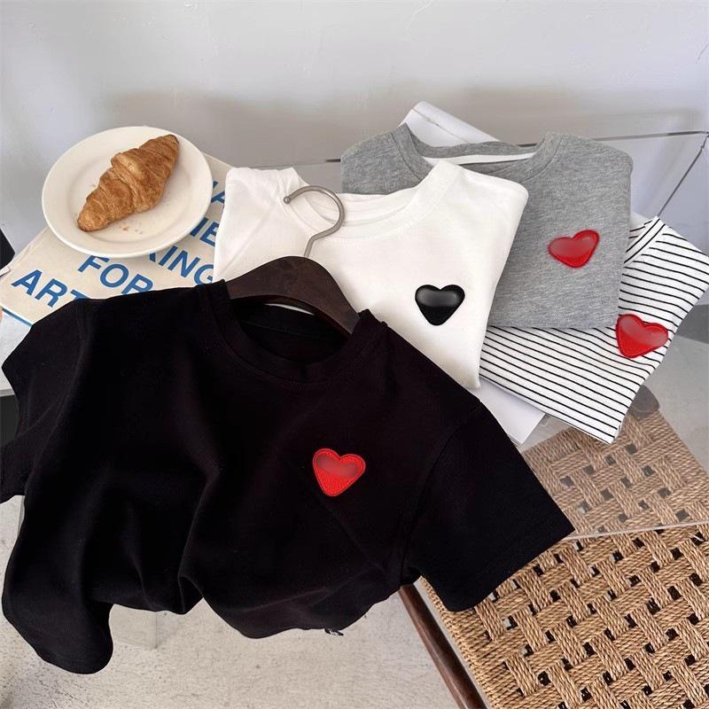 Ice Silk Cotton Striped Heart Short Sleeve Baby Top - Unisex Summer 2025