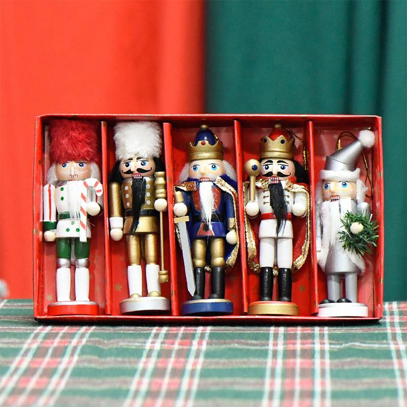 5Pcs Mini Wooden Nutcracker Ornament Walnut Band Soldier Figure Figurines Home Office Desktop Decoration Christmas Decorations