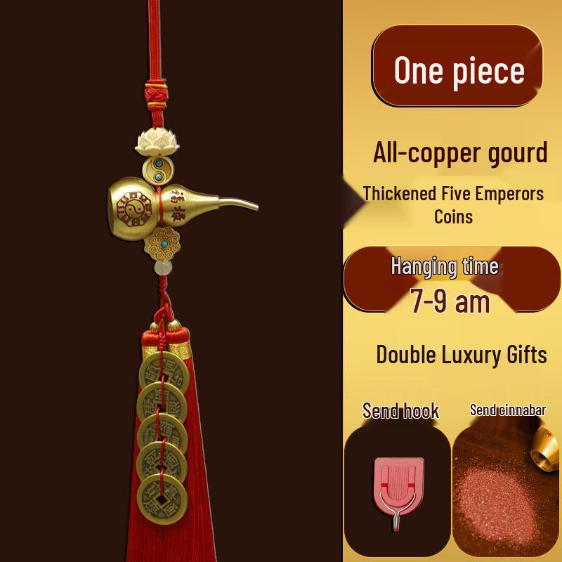 Hand-Carved Boxwood Gourd Pendant with Brass Five Emperors and Lotus Design