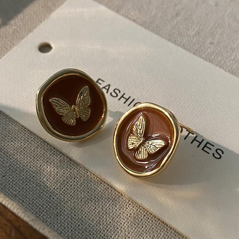 Butterfly Stud Earrings Maillard Geometric Design Niche Earrings French Retro Drip Glaze Earrings Women