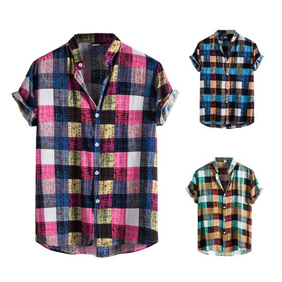 Stand Collar Short Sleeve Men Shirt Buttons Closure Men Plaid Printed Shirt Streetwear