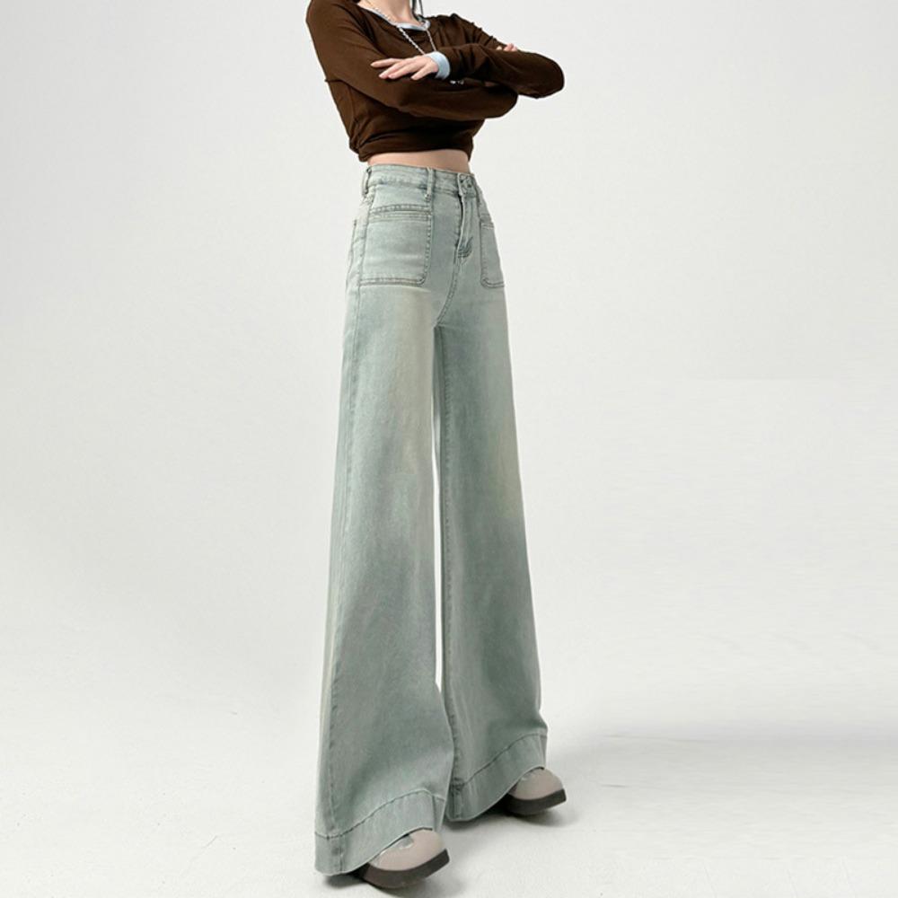 Lazy Korean version of casual straight jeans women's spring and autumn new high-waisted thin loose wide-leg jeans