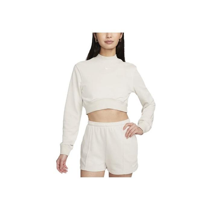 Nike Solid Logo Mock Neck Long Sleeve Cropped Top Women Tops Beige FN2477-104