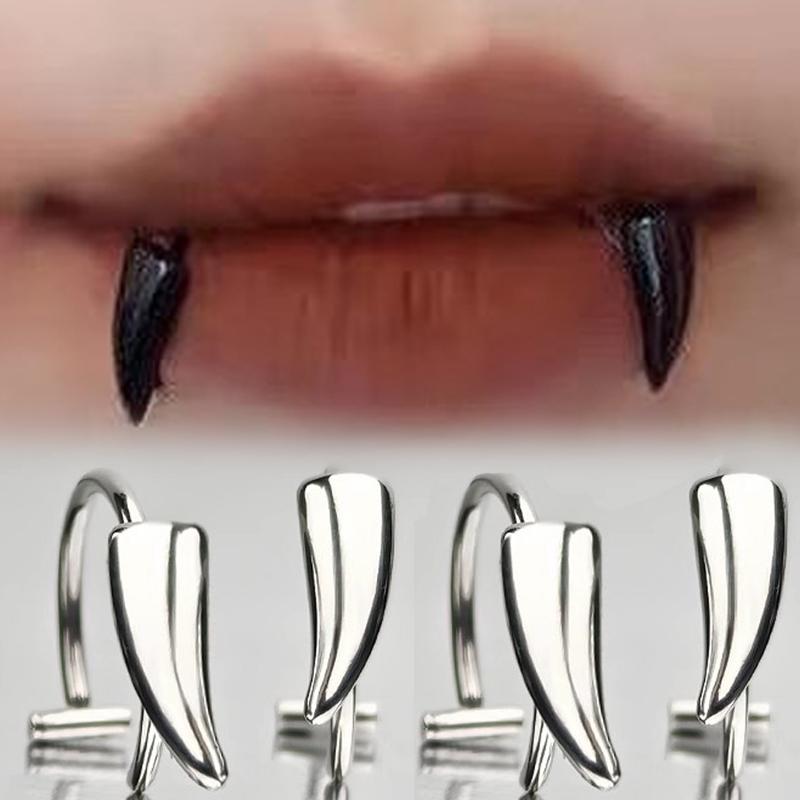 2/4 Stück Punk Edelstahl Scharfe Zähne Fake Piercing Lippenring Übertriebener Schmuck für Frauen Gothic Körperschmuck Neu