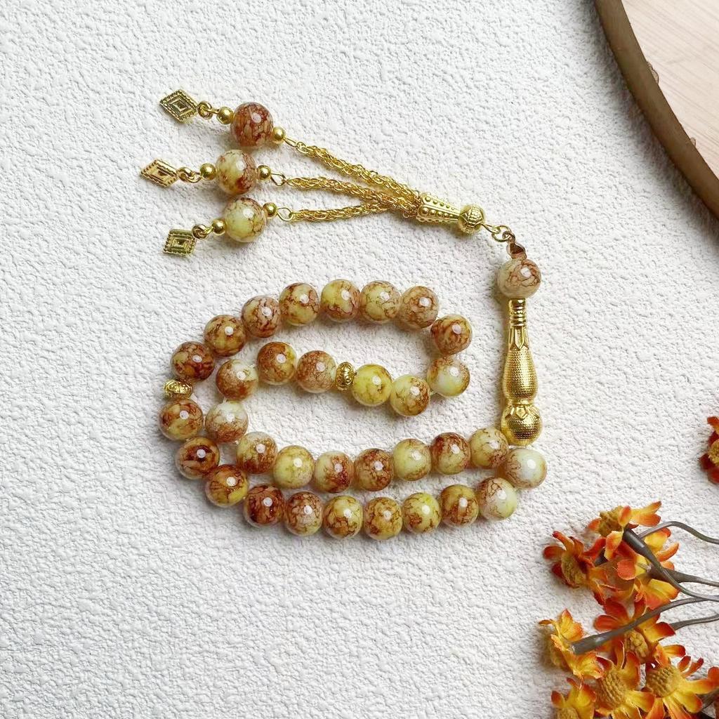 33 Beads Flower Glass Tasbih with Golden Tassel, 10mm Large Prayer Beads for Muslim Worship, Ramadan Gift for Family Friends