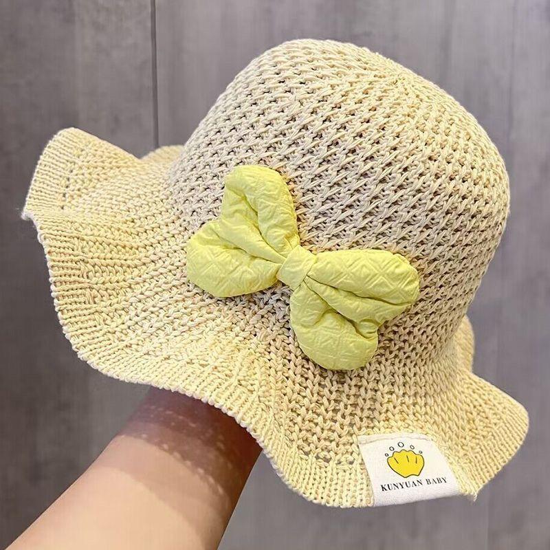 Baby Straw Hat Sweet Cute Summer Big Bowknot Wide Brim Breathable Sunshade Cap For Girls Children Outdoor Travel Beach Hats 3-8Y