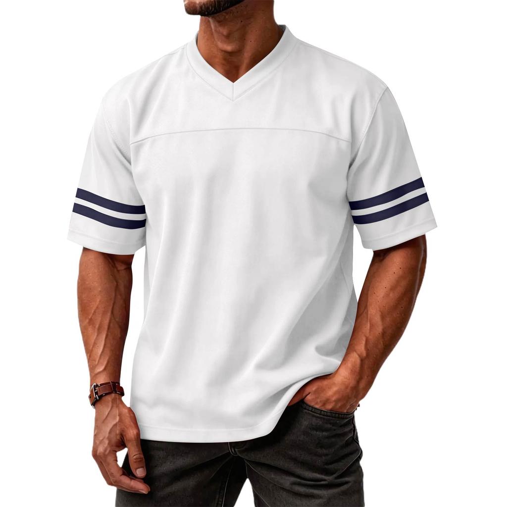 Men V Neck Short Sleeve T Shirt with Double Stripe Arm Design Casual Loose Top for Everyday Wear