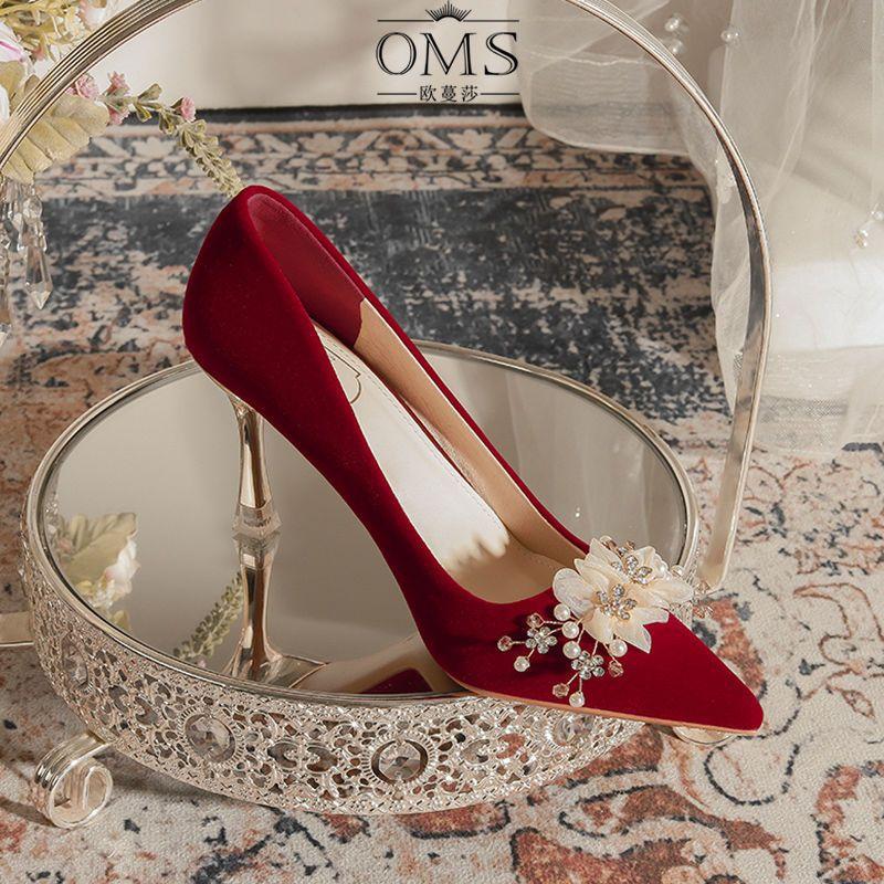 Pointed Stiletto Wedding Shoes Women's Autumn and Winter New Flower Toast Clothes Are Not Tired of Feet Burgundy High Heels
