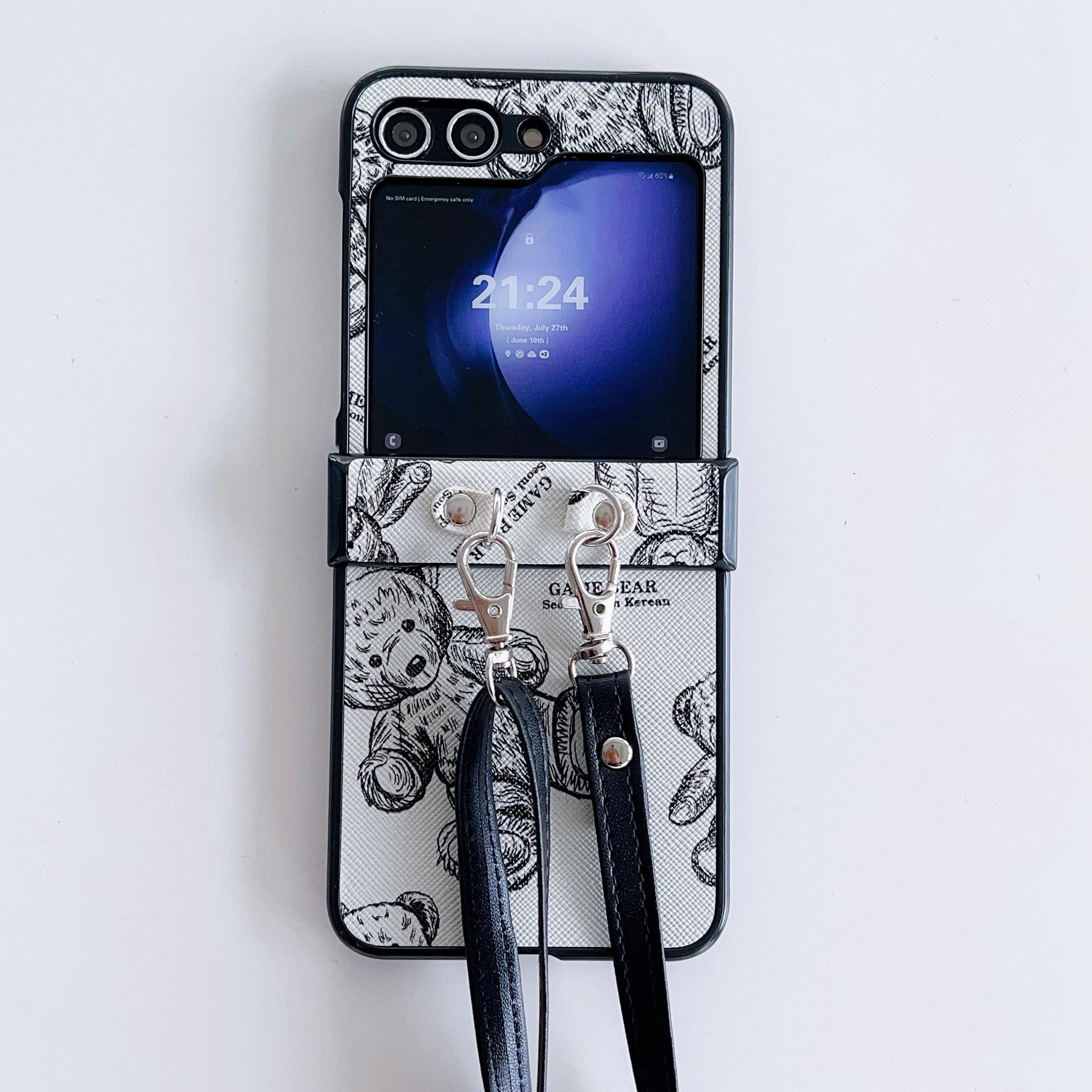 

For Samsung Galaxy Z Flip6 5G Case Cute Bear PU Leather Coated PC Phone Cover with Crossbody Strap Grey