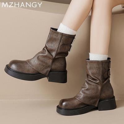 Fashion Women Snow Ankle Boots Flats Fashion Leather Shoes Woman 2024 Trend Winter Chelsea Boots Walking New Cozy Mujer Motorcycle Boots