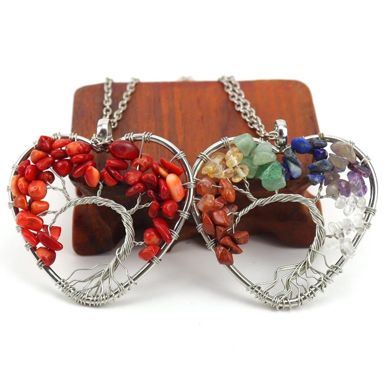 Seven-Color Heart-Shaped Tree of Life Necklace with Natural Stone Crystals