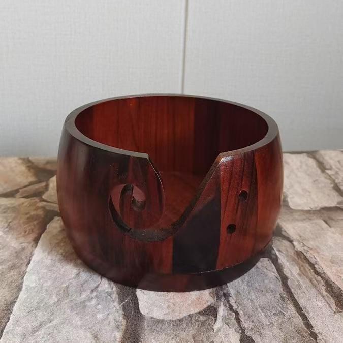 In Stock Solid Wood Round Yarn Storage Bowl with Character Carving