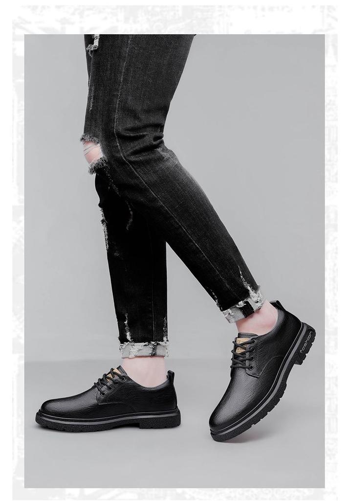 Men's Genuine Leather Casual Dress Shoes - Soft Sole, Non-Slip, Wear-Resistant, Versatile Low-Top Lace-Up Design