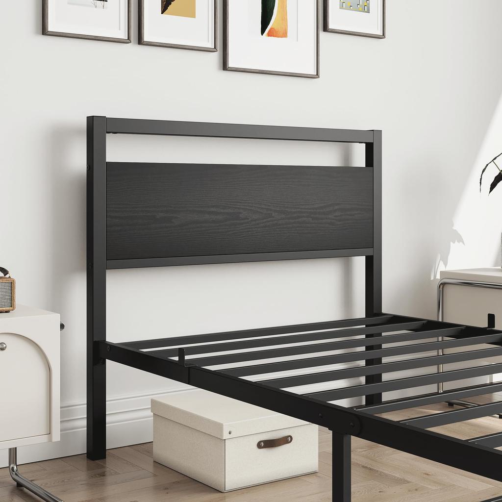 Bed Frame 90x200 Cm Made of Metal & Wood – Stable Single Bed with Slatted Frame & Storage, Guest Bed/Youth Bed